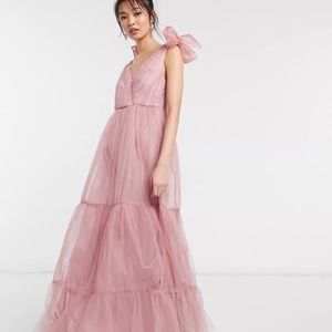NWT Asos design tulle bow tiered maxi dress in rose.